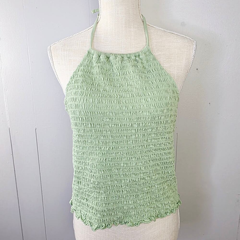 Old Navy Halter Top XL 1X Sage Green Smocked Stretch Y2K Retro Boho Festival - Picture 3 of 11